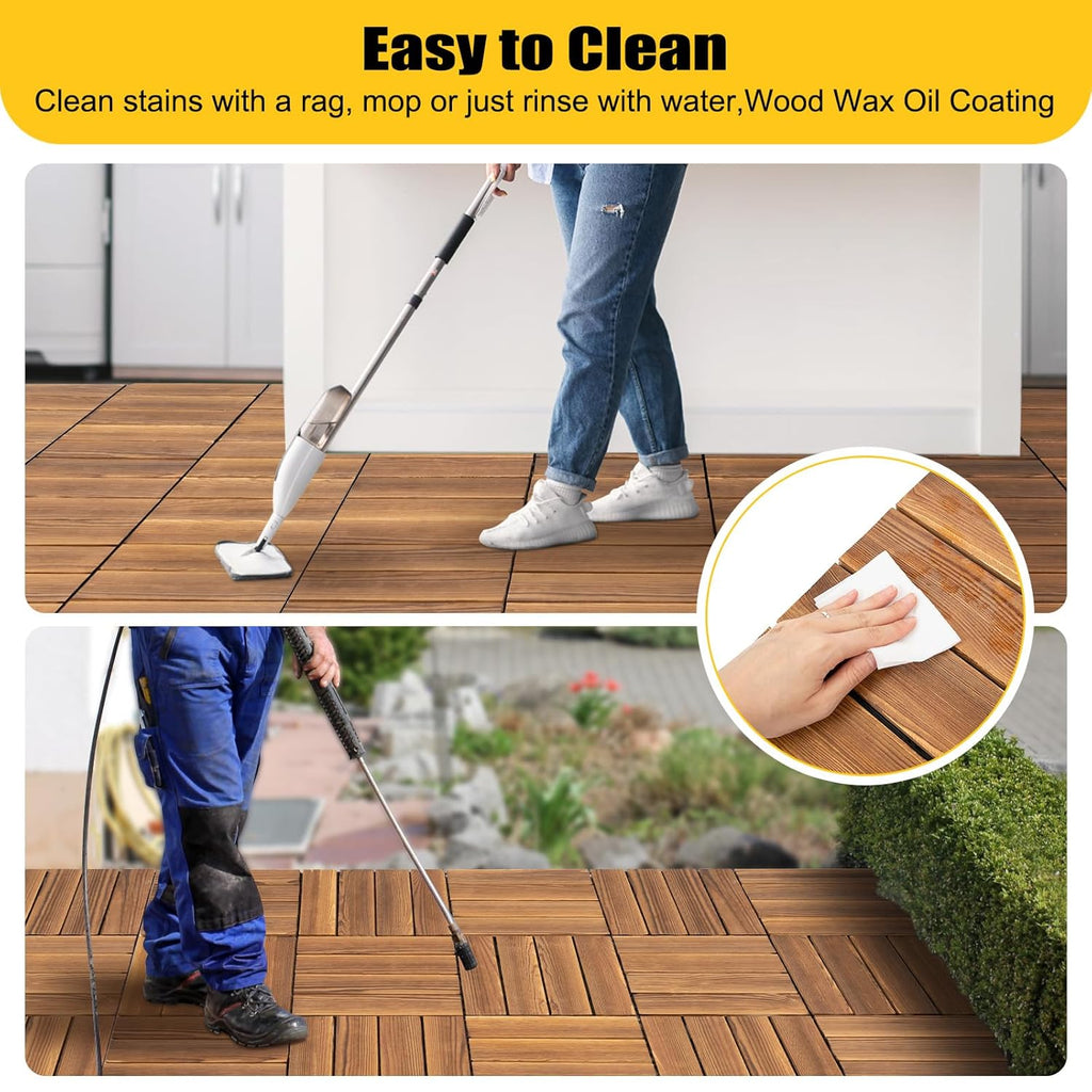 36 Pack Hardwood Interlocking Patio Deck Tiles with High-Temperature Carbonised Surface, Datchable Patchwork Wood Floor