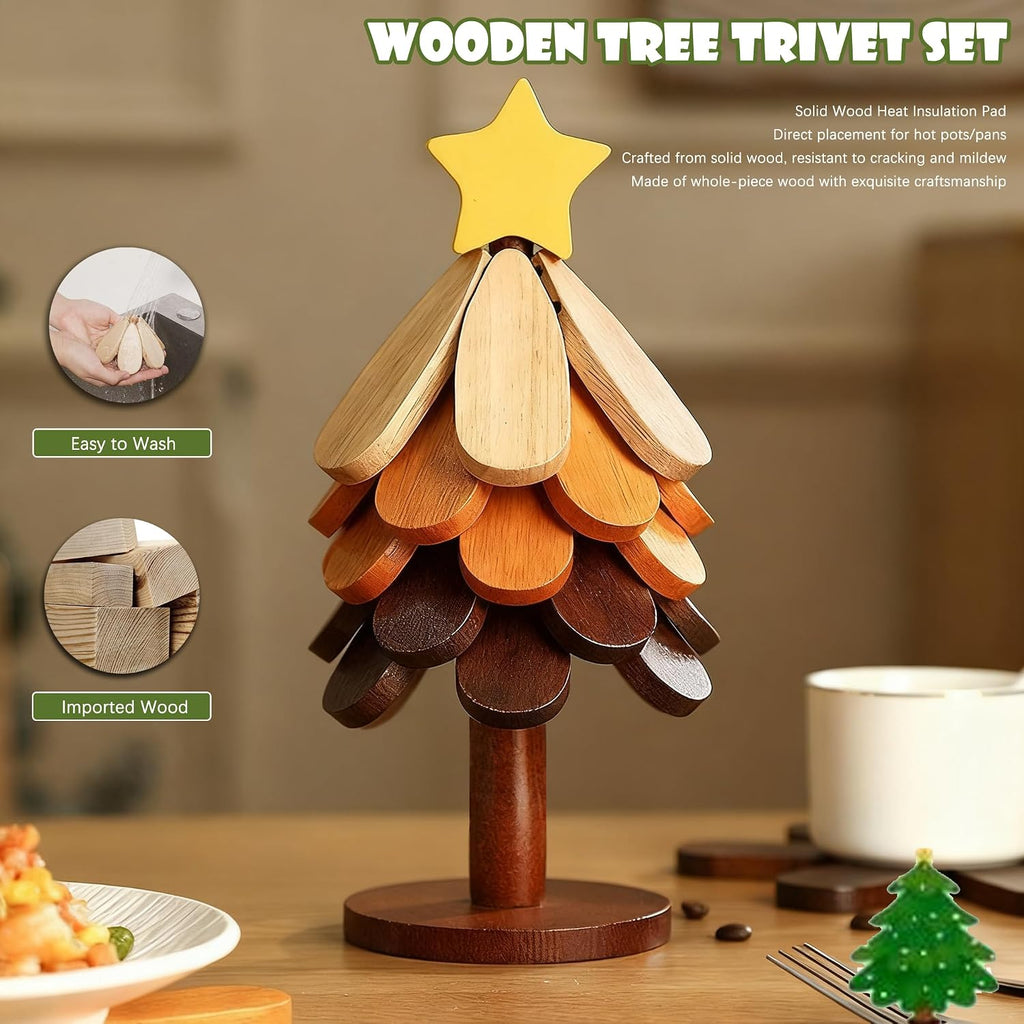 Wooden Christmas Tree Trivet + Stand - Set of 5