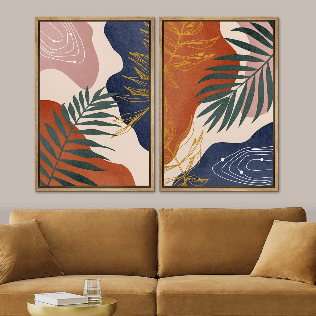 Framed Canvas Print Wall Art Set Retro Mid-Century Geometric Forest Plants Abstract Shapes Illustrations Modern Art