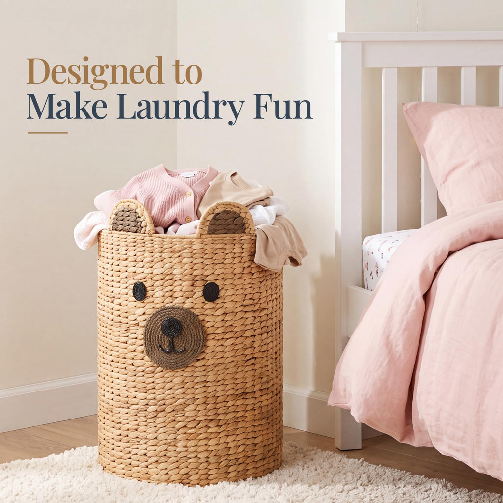 Kids Large Bear Laundry Hamper, Handwoven Water Hyacinth Laundry Basket, Nursery & Kids' Room Storage Basket For