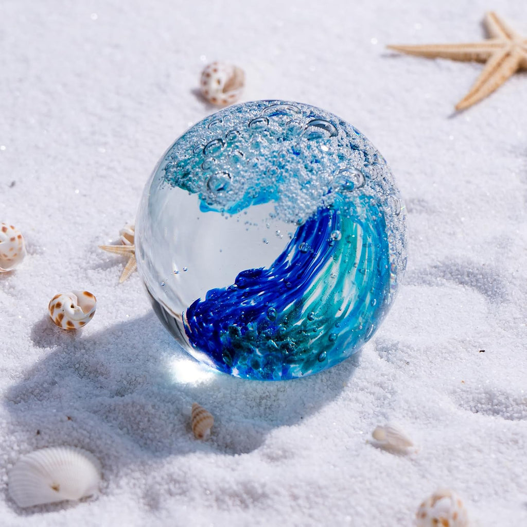 3.15" Ocean Wave Art Glass Paperweight, Hand Blown s Collectibles, Ocean Waves Decor Coastal Beach