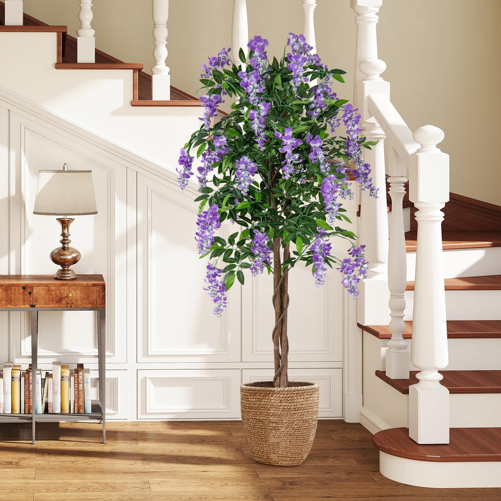 5.5FT Ficus Artificial Tree, 2 Pack Faux Wisteria Tree Pot with Blooming Flowers, Fake Potted Tree Greenery Floor