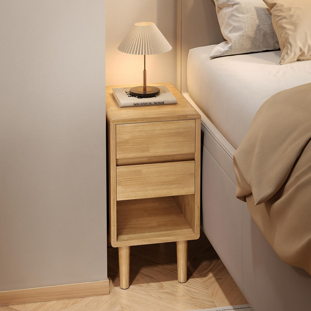 Nightstand 2 Drawers with Open Shelf Narrow Night Stand Solid Wood Bedside Table Mid Century Modern Nightstand Wooden