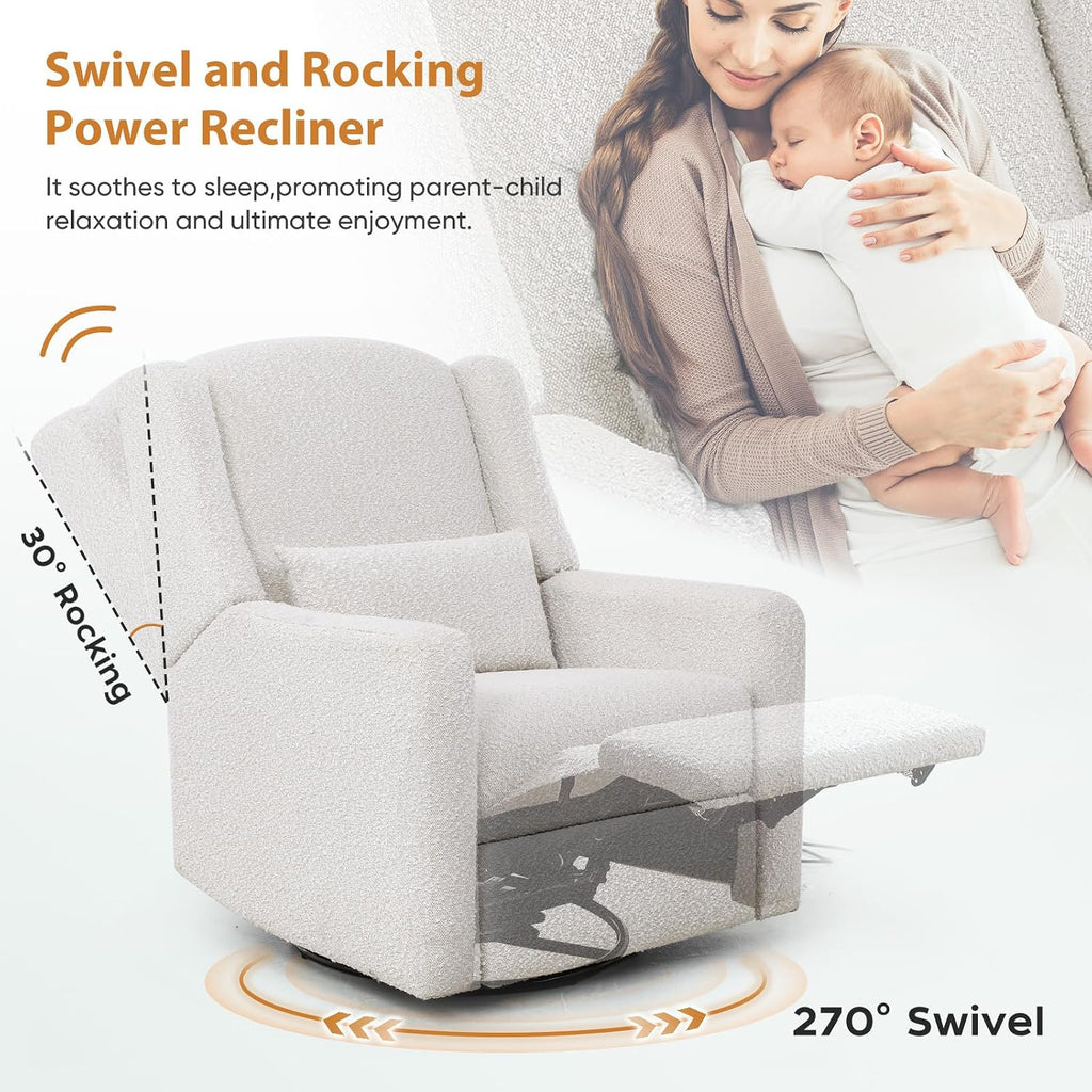 Power Recliner Chair Swivel Glider, Large Rocker Recliner, Cream | Boucle Upholstered Swivel Rocker Glider Recliner