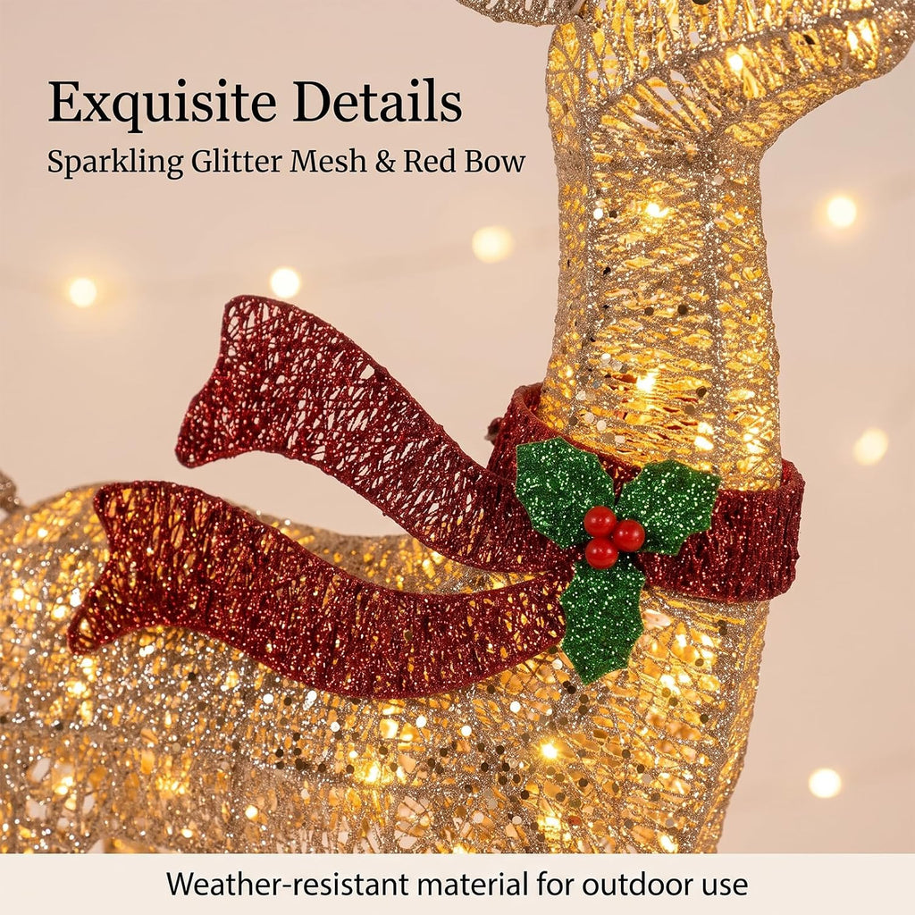 48-Inch Lighted Christmas Reindeer with 70 Warm White LED Lights, Pre-Lit Glitter Mesh Buck Deer with Gold Bells