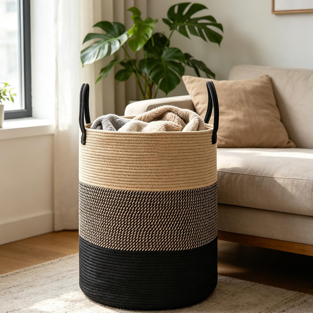 Large Laundry Hamper, Woven Rope Basket with Sturdy Handles- Jute