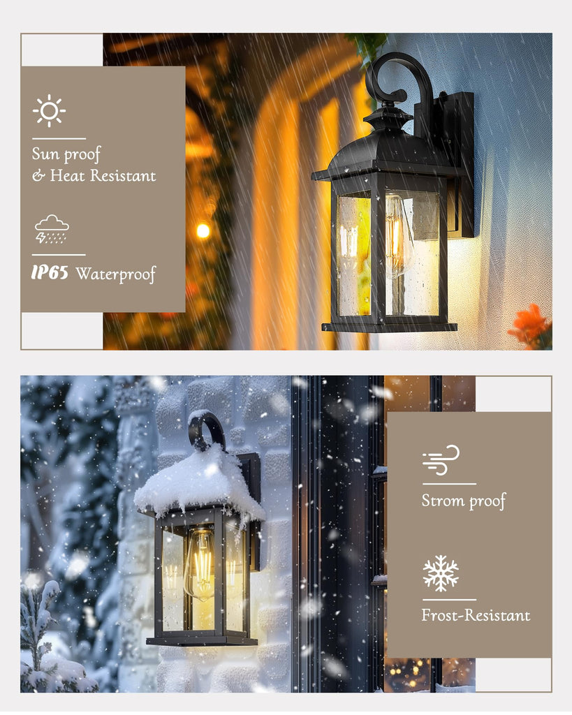 Dusk to Dawn Outdoor Wall Sconce, 15" Matte Black Seeded Glass Outdoor Sconce Lights, Front Porch Light Fixtures Wall