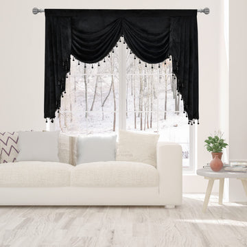 Velvet Window Curtains Valance Black Blackout Waterfall Valance, 1 Panel (Black, W59 Inch)