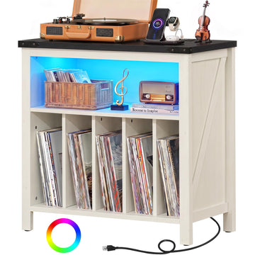 Large Record Player Stand with Power Outlets & 20-Color Lights