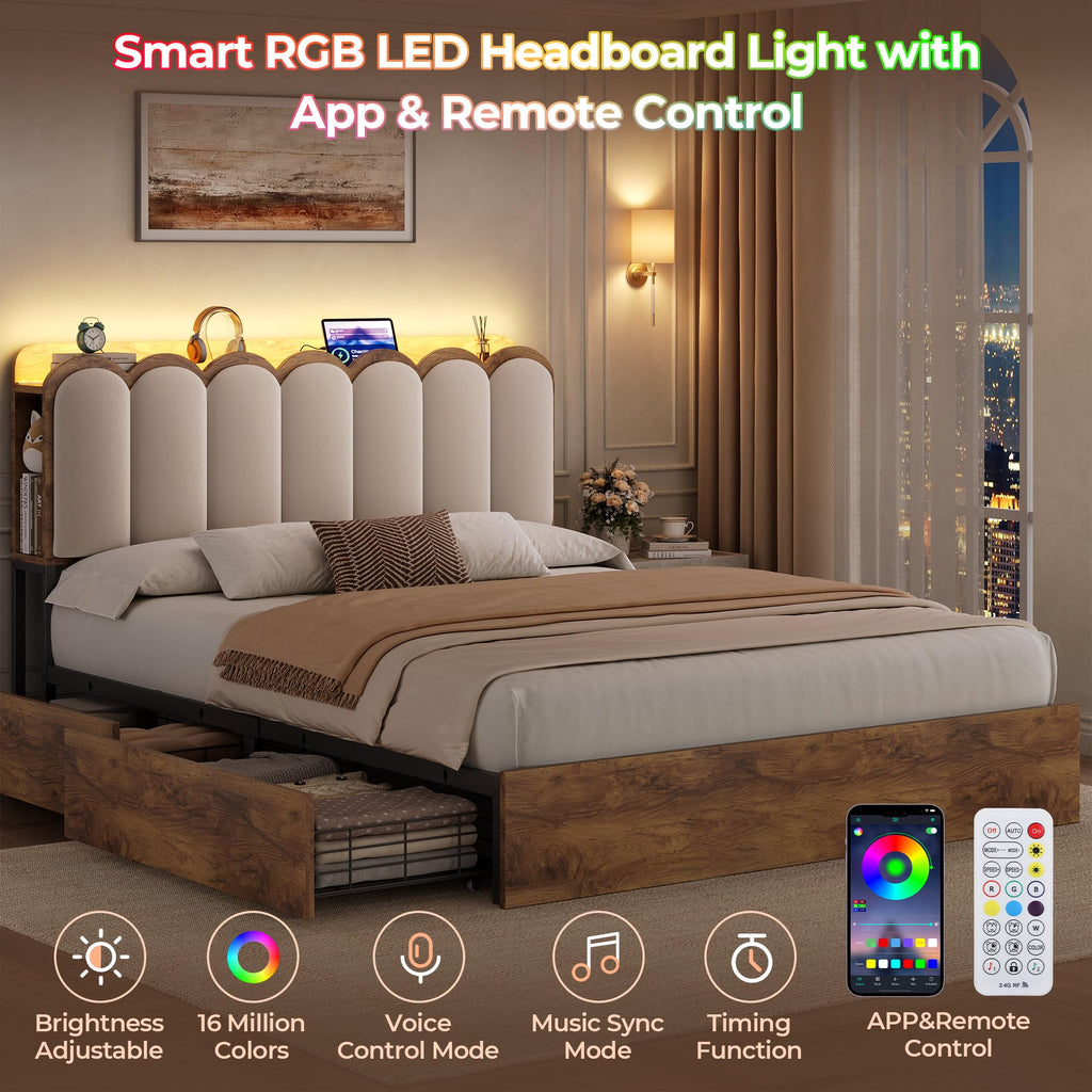 Bed Frame with 2 Storage Drawers, Charging Station & RGB LED Lights, Upholstered Storage Headboard, Cream White