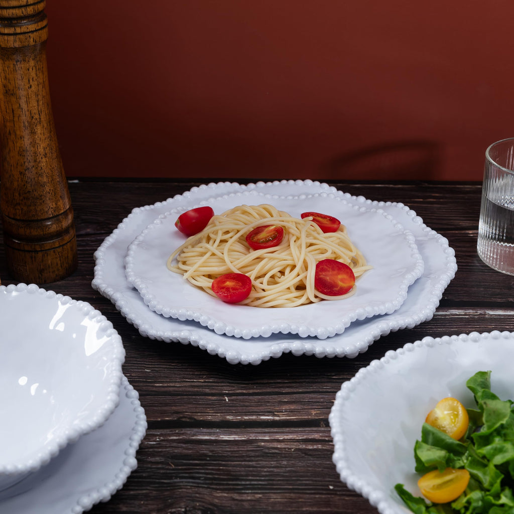 White Beaded Melamine Dinnerware Set, 18 piece Plates and Bowl Set