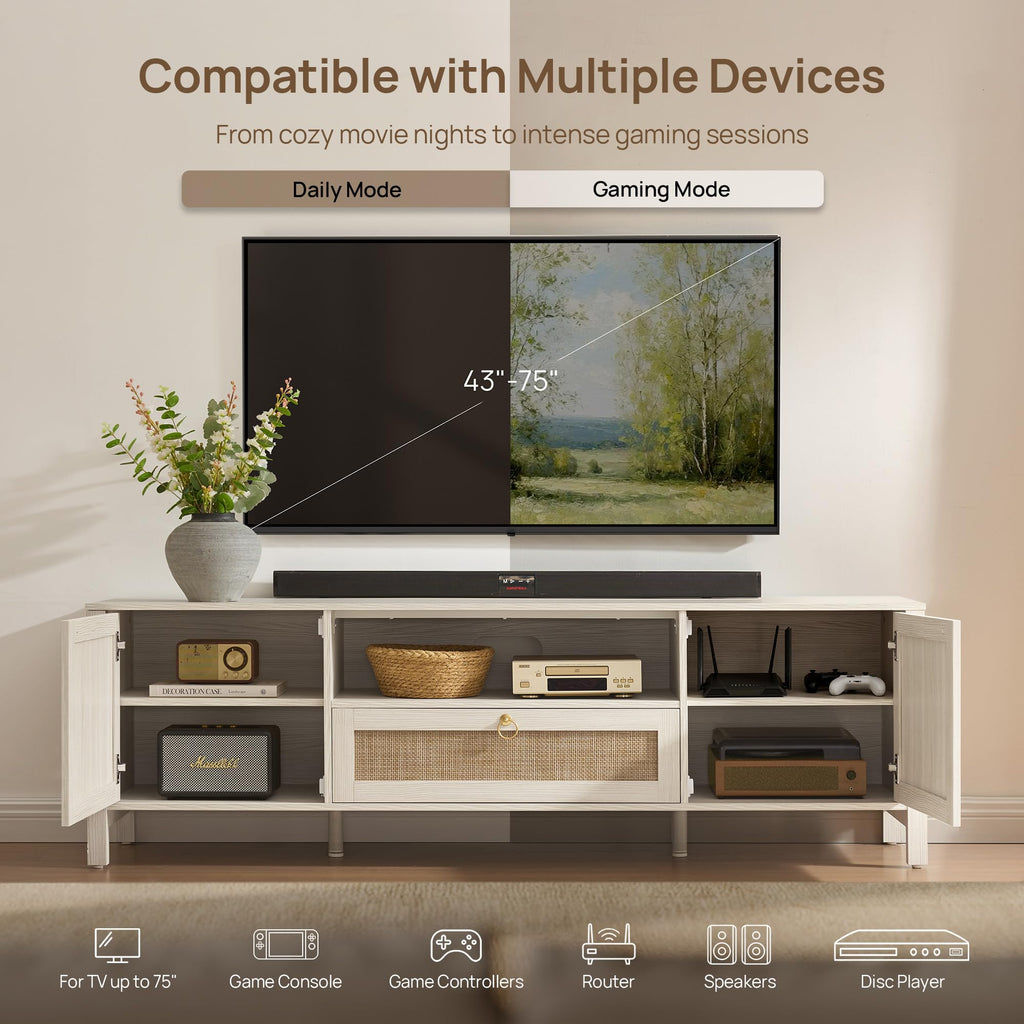 Rattan TV Stand for TVs up to 75 Inch, White Entertainment Center