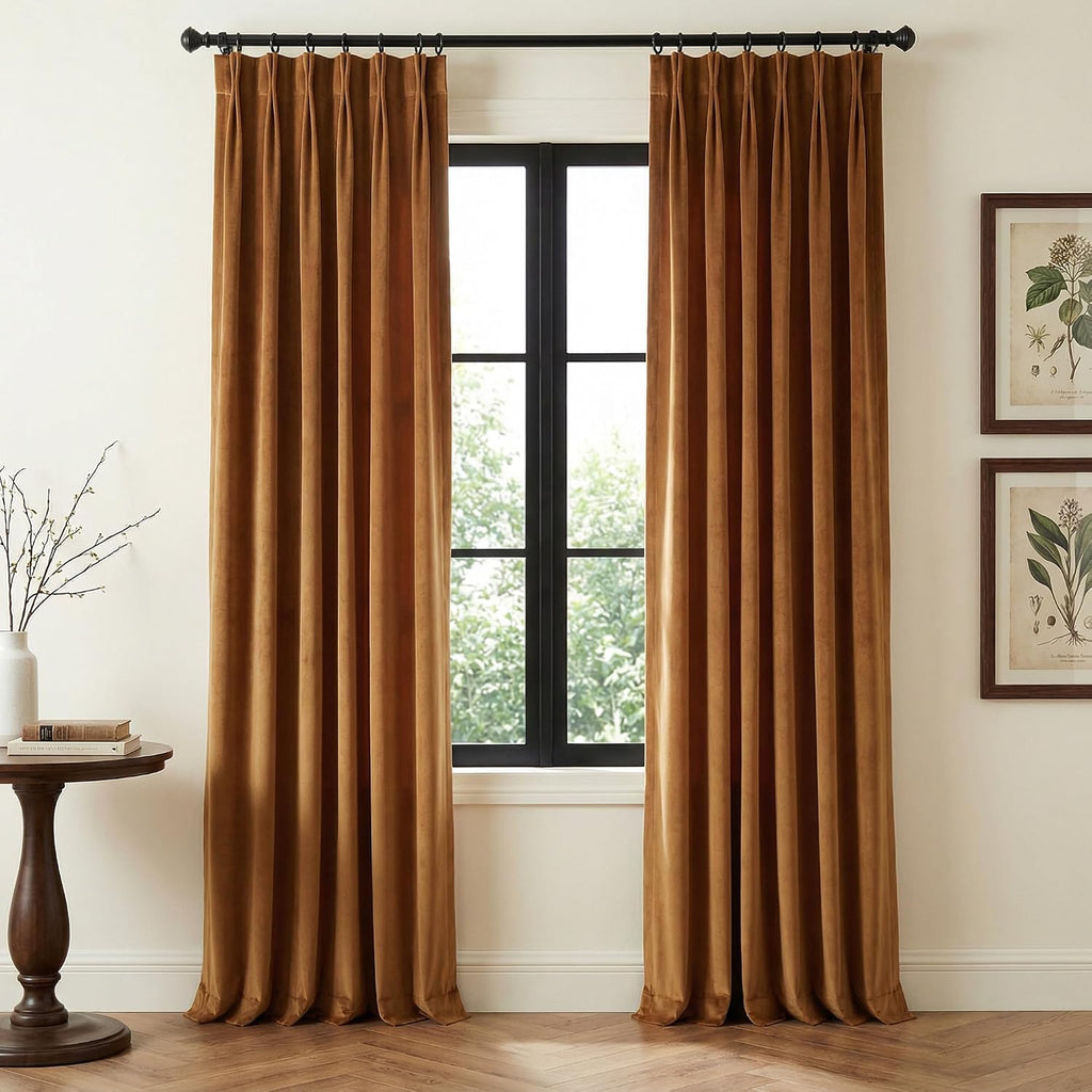Blackout Pinch Pleat Velvet Curtains 90 Inch Heavy Back Tab Energy Saving Room Darkening All Season Gold Brown Drape