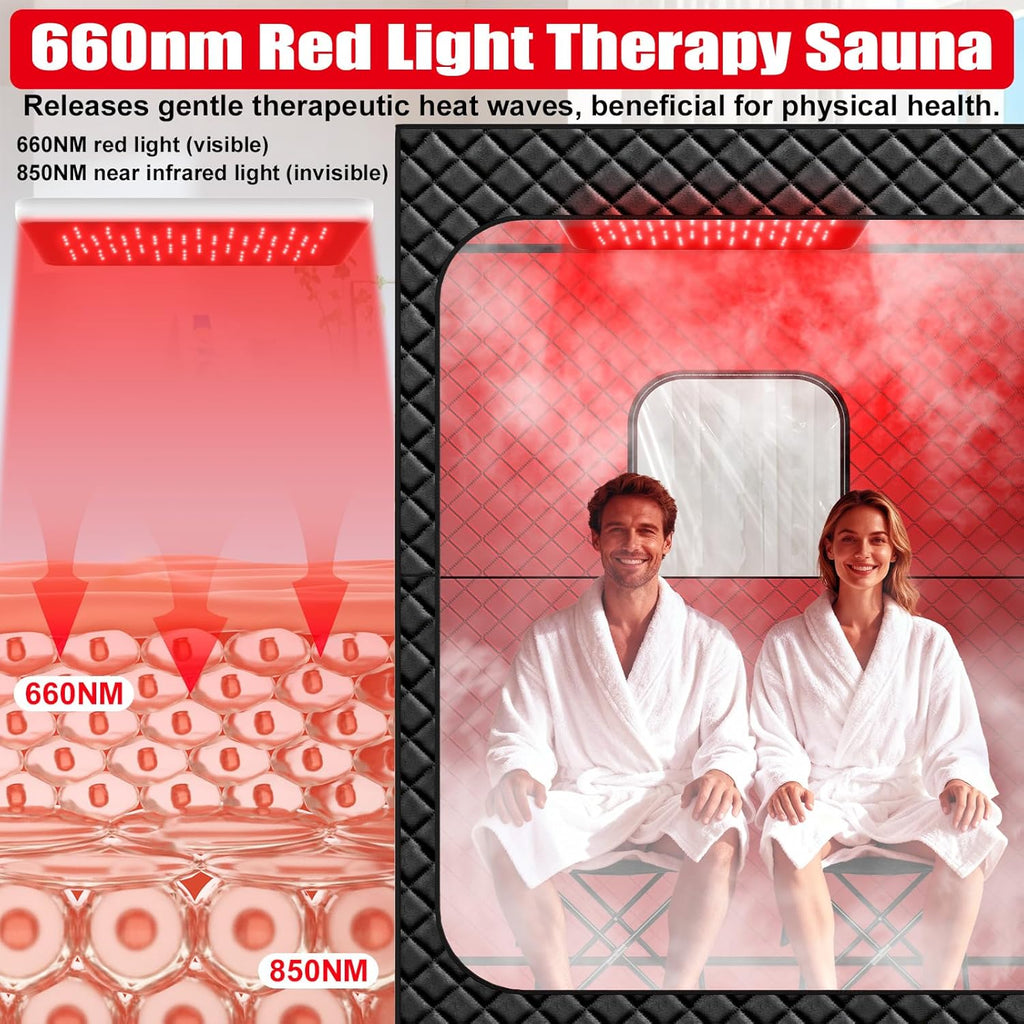 2 Person Infrared Sauna Box for Home, Portable Steam Sauna Room with 660nm＆850nm Red Light Therapy Lamp
