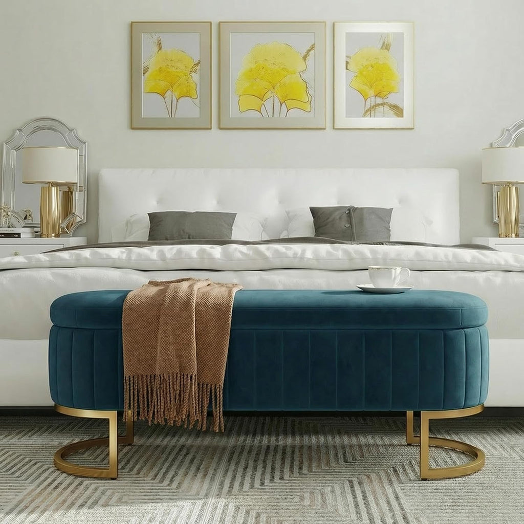 51" Velvet Storage Ottoman Bench End of Bed Entryway Dark Blue | Velvet Large Storage Solid Wood with Metal Leg 300