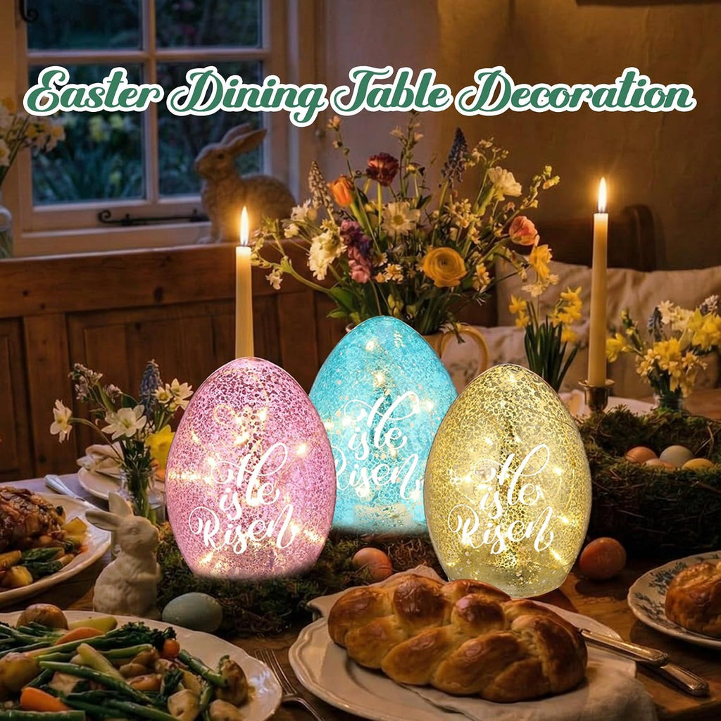 Easter Egg Light Decorations, He is Risen Table Centerpiece Lights with Timer Mercury Glass Egg Lamps, Spring - Set of 3