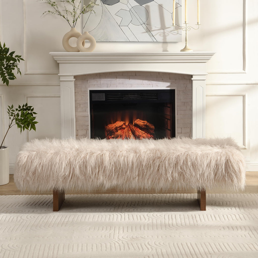 Lenka 67" Long-haired Faux Wool Bedroom Bench, Rubberwood Ottoman Bench, Spacious Seating, Long Footstool, Luxury