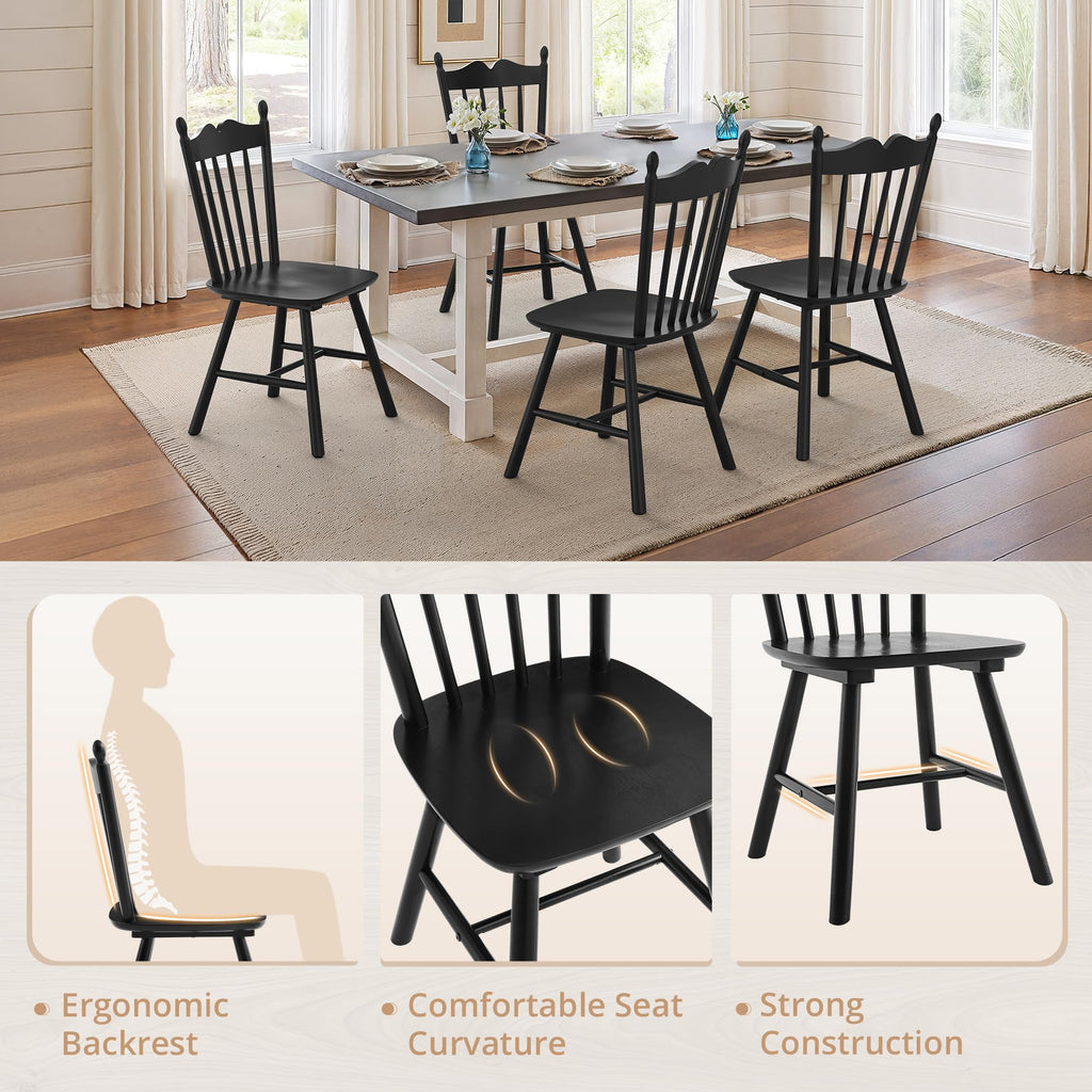 Black Dining Chairs Set of 4, Windsor Wooden Dining Chair with Thickened Backrest, Morden and Mid Century Kitchen