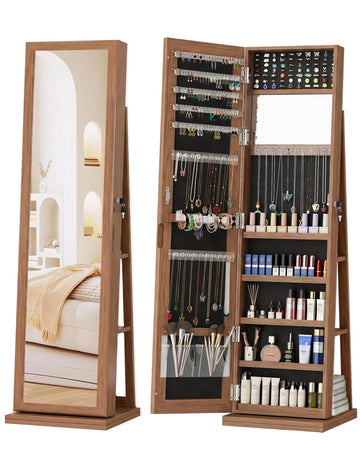 360° Swivel Jewelry Cabinet with Full-Length Mirror, Lockable, Brown
