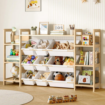Large Toy Storage Organizer, Top Rack, 6 Side Shelves, 9 Bins | Solid wood kid-height storage for toys, books and