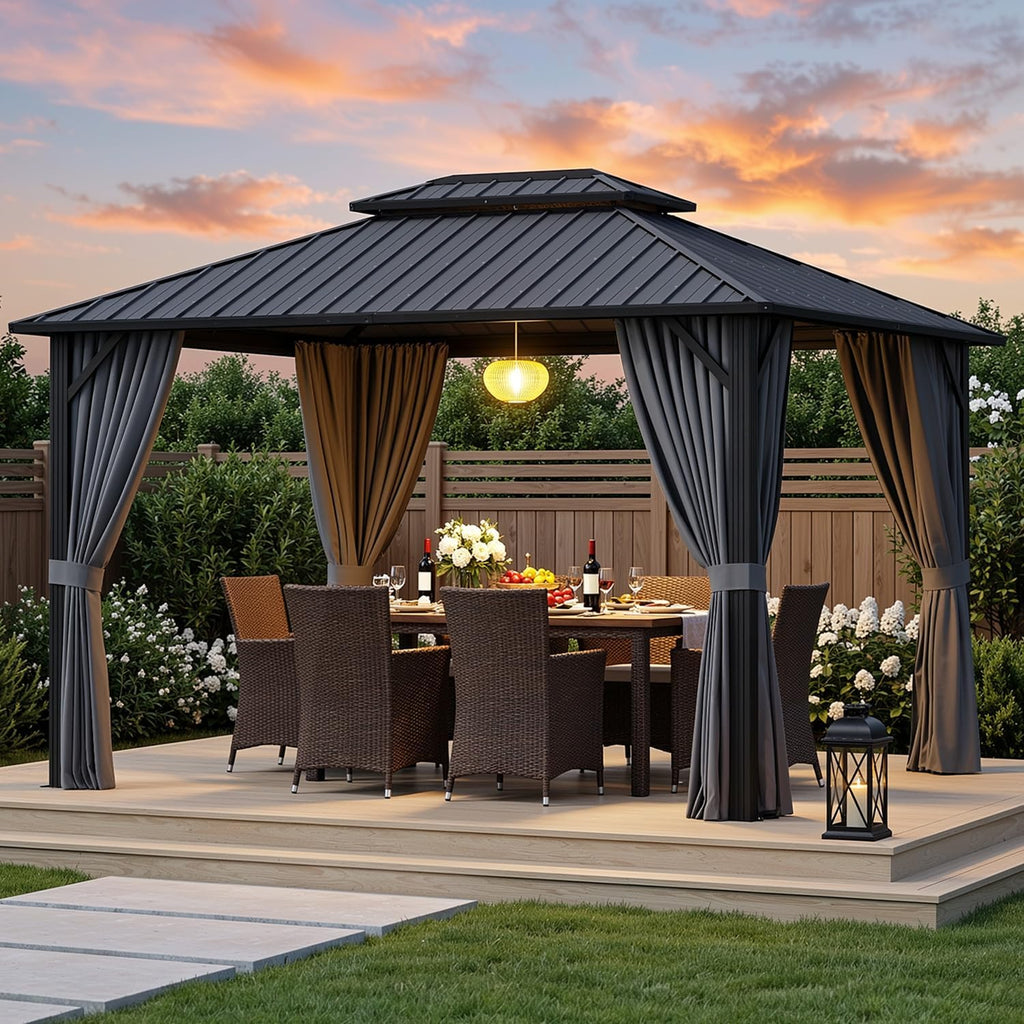 10'x12' Hardtop Gazebo, Aluminum Frame Metal Canopy with Double Roof