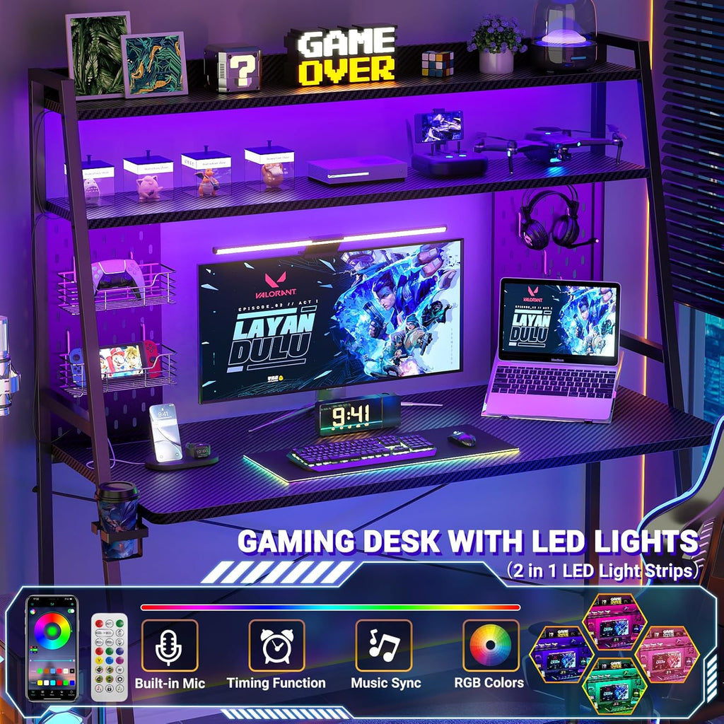 Gaming Desk with Hutch and LED Lights, Gaming Computer Desk with Power Outlets, Gamer Desk with Storage Shelves, PC