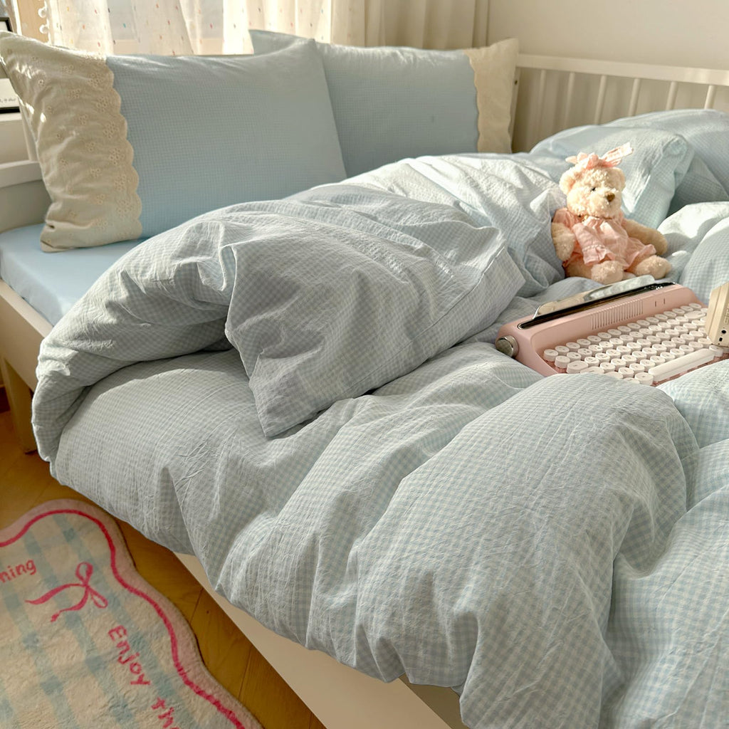 Lace Comforter Set Blue Plaid Gingham Comforter with 2 Romantic Lace Pillowcases Soft Cozy Grid Bedding Set