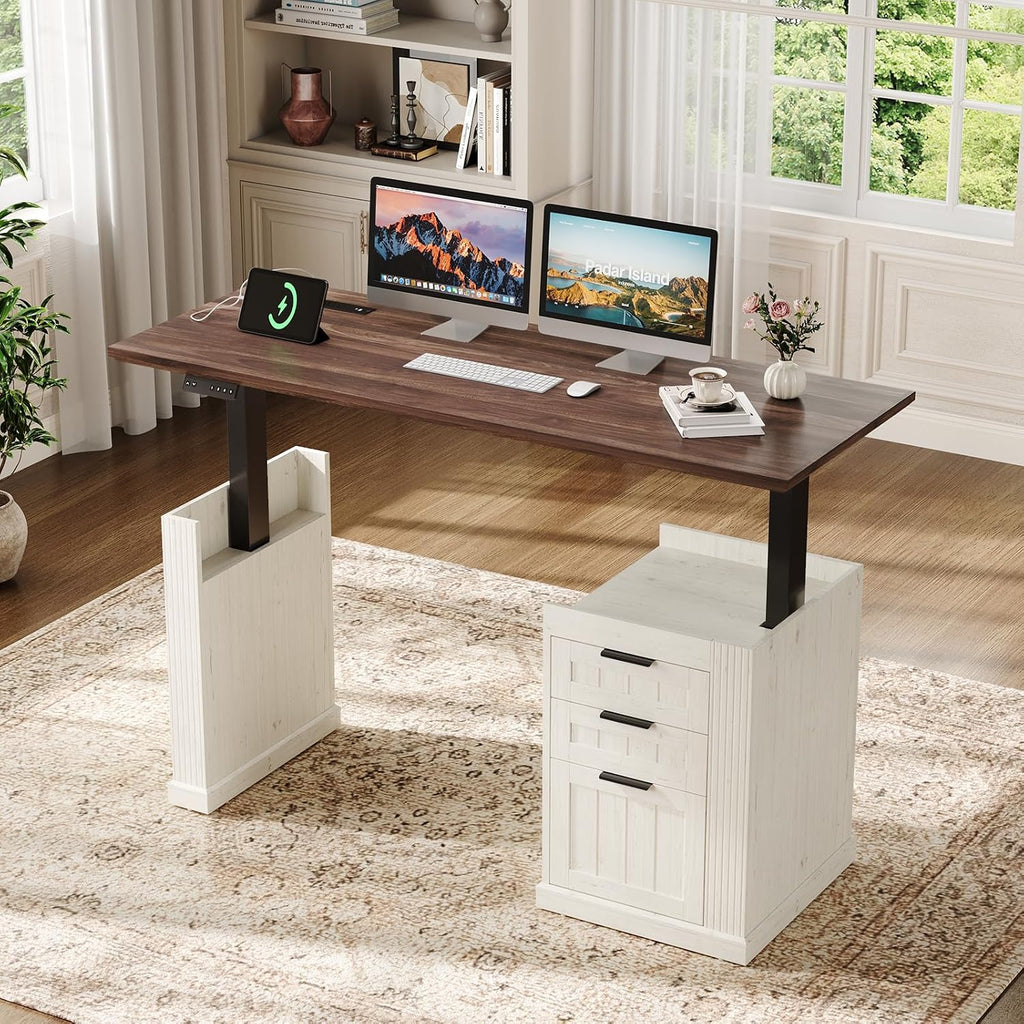 55 Inches Electric Standing Desk with File Cabinet, Computer Desk | Height Adjustable Desk with 3 Drawers, Farmhouse
