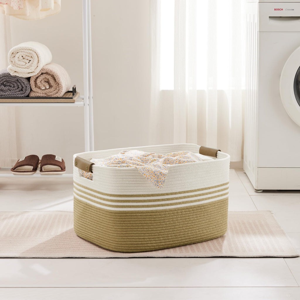 60L Woven Laundry Basket Hamper with Leather Handles,Khaki