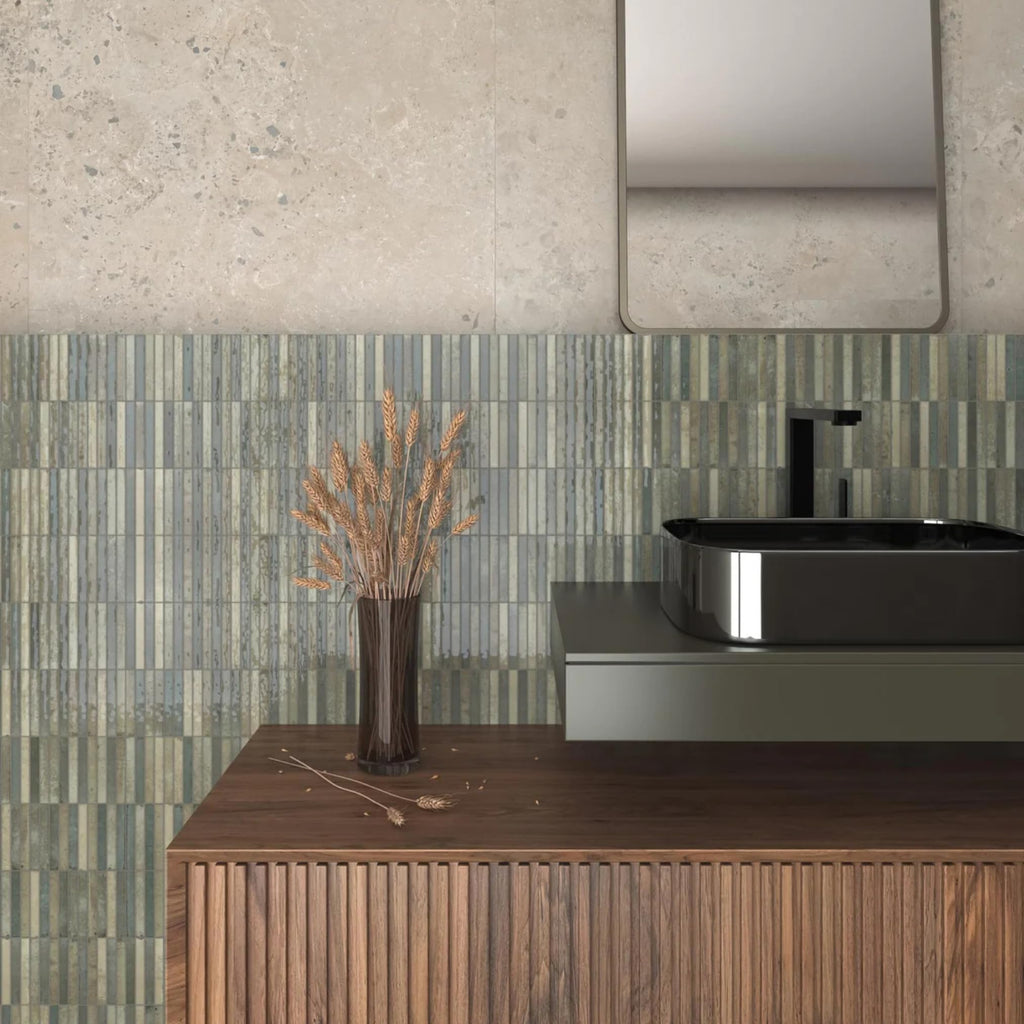 Scandia Glossy Olive Green 4.5x9 Ribbed Porcelain Wall Tile, 3D KitKat Fluted Decorative Tile Backsplash, Bathroom