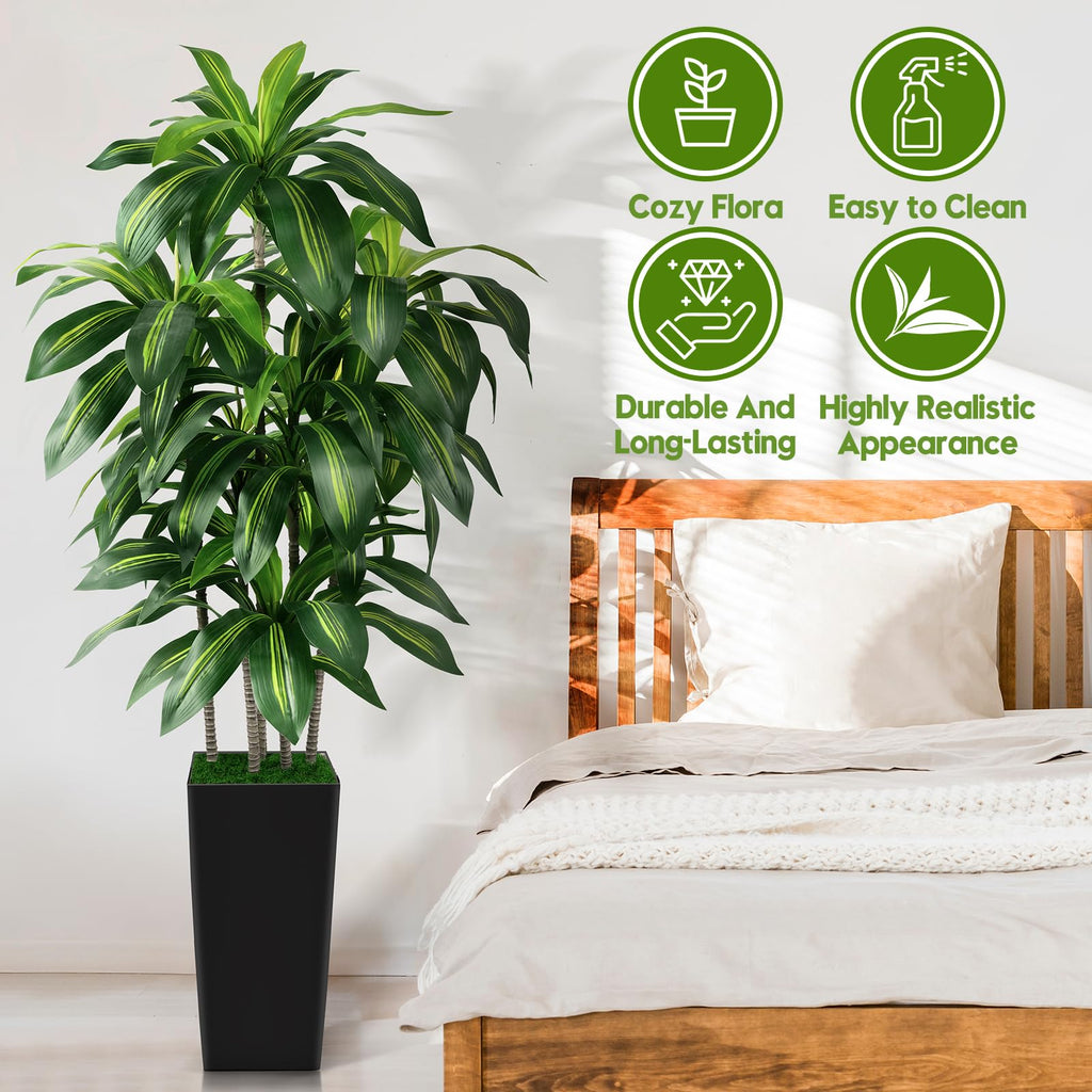 Dracaena Tree Indoor, 6FT Tall Fake Tree with Black Tall Planter