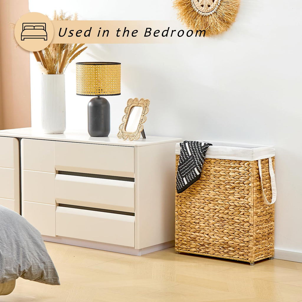 Slim Laundry Hamper, Handwoven Natural Water Hyacinth Basket