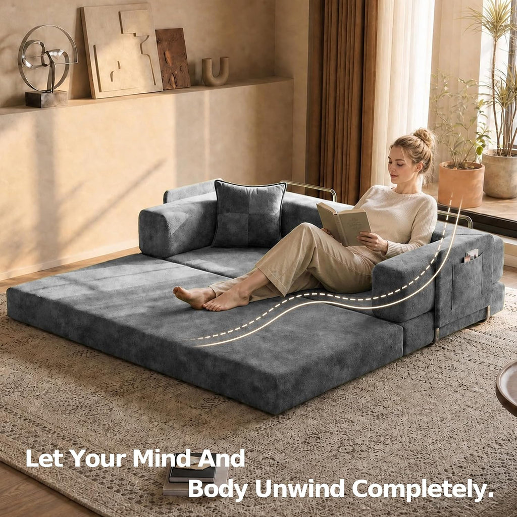 79" Convertible Sofa Bed, Boneless Couch . | Velour Futon Sofa Bed, Folding Sleeper Couch with Storage Pocket and 2