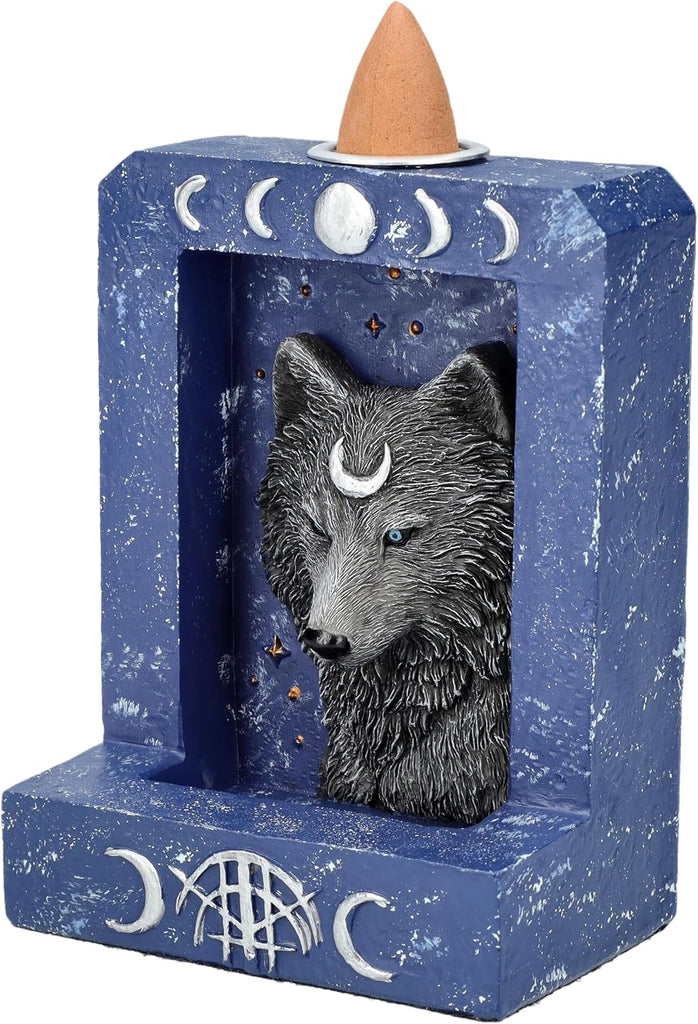 4" Tall Moon Phase Backflow Incense Burner for Spiritual Home Decor, Wolf Figurine