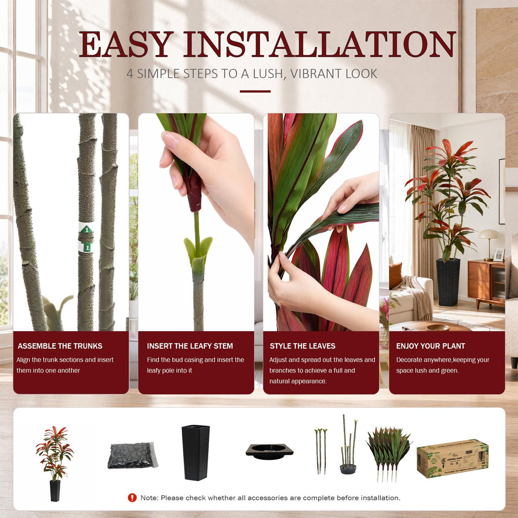 Artificial Red Dracaena Tree 7FT / Black Planter, Faux Plants Indoor