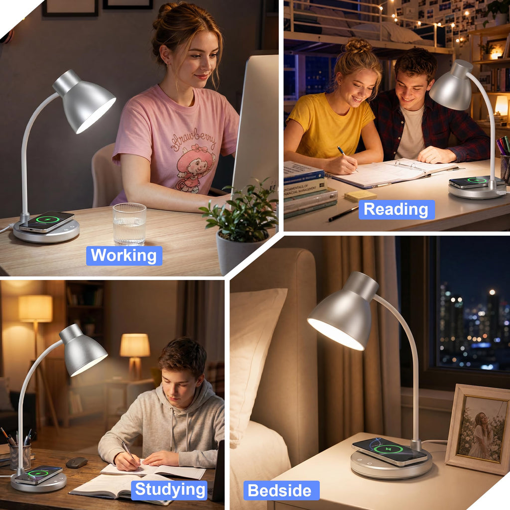 LED Desk Lamp with Wireless Charger, Silver