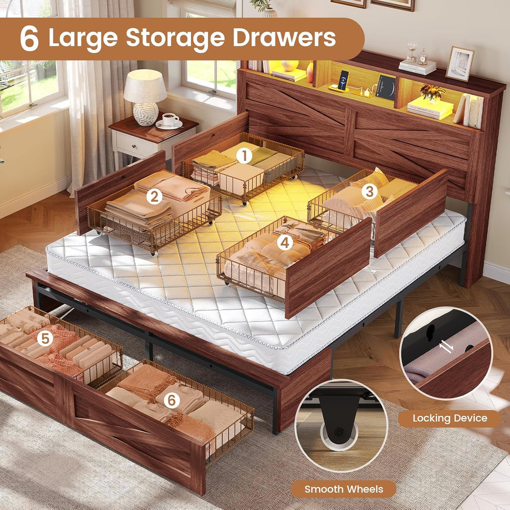 Full Bed Frame with 6 Drawers, Farmhouse Bed Frame with Barn Door Headboard and Storage, Wood Platform Bed Frame Full