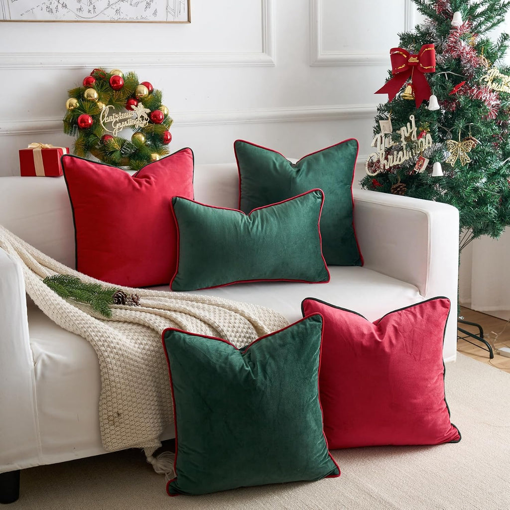 Christmas Dark Green Velvet Throw Pillow Covers Modern Minimalist Style Solid Decorative Red Rope Edging - Set of 2