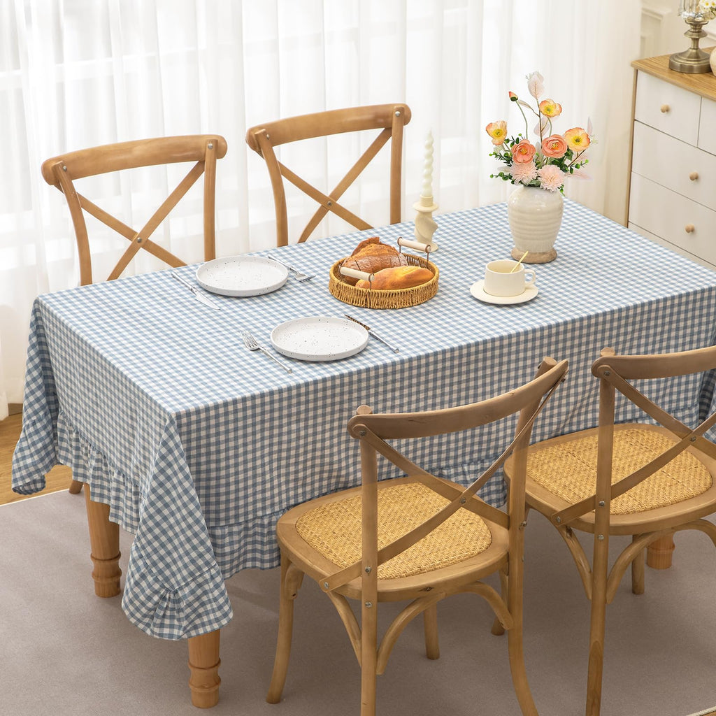Dusty Blue Gingham Tablecloth 52 x 70 Inch, Cotton Plaid Tablecloth