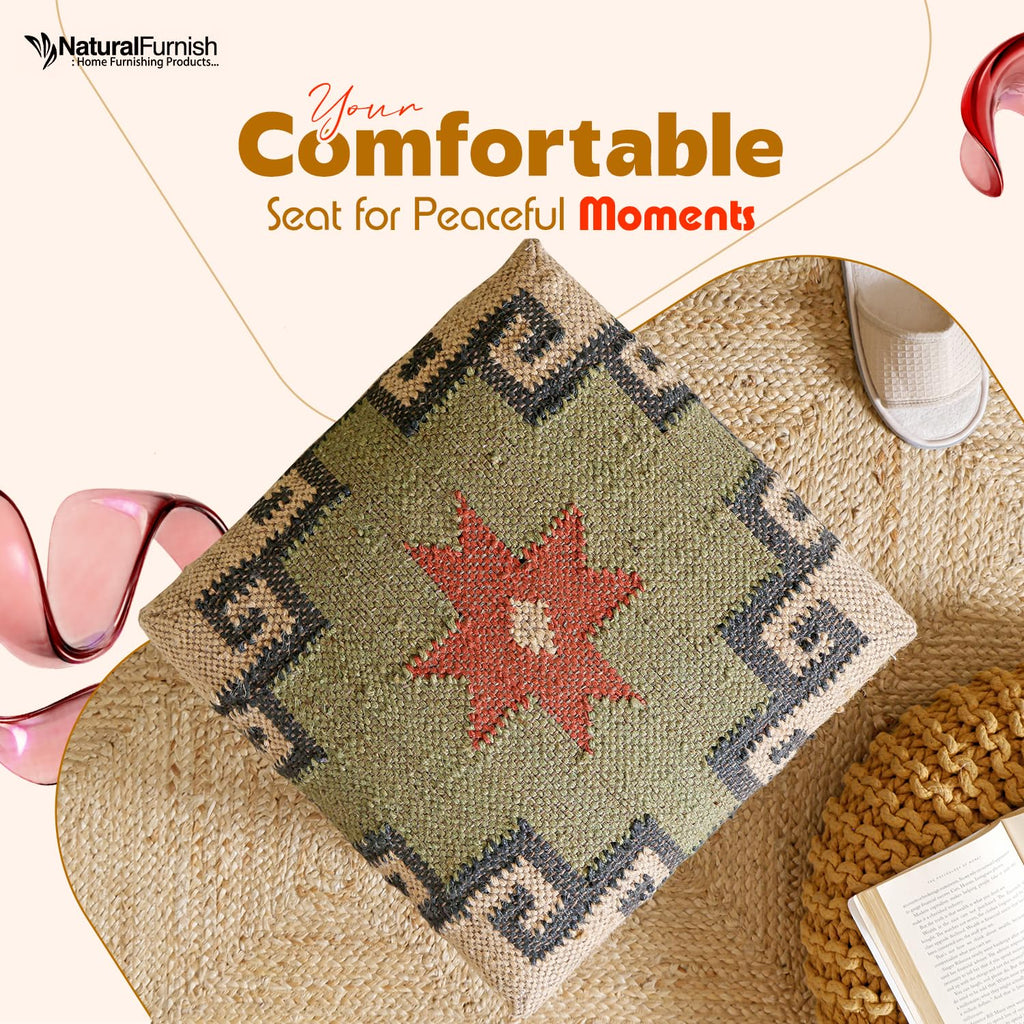 Upholstered Ottoman Footstool with Tribal Aztec Fabric | Rustic Wooden Accent Stool with Turned Legs | Decorative
