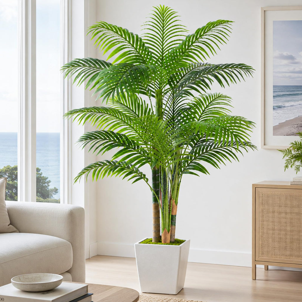 5ft Triple Golden Cane Palm Artificial Tree, Tall Faux Palm Tree with 19 Realistic Leaves, UV Resistant Fake Tropical