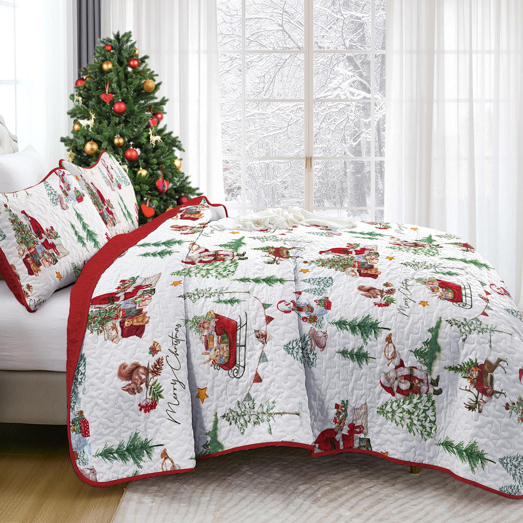 Christmas Quilt Set Queen Size, Santa Sleigh Snowman Holiday Bedding Set