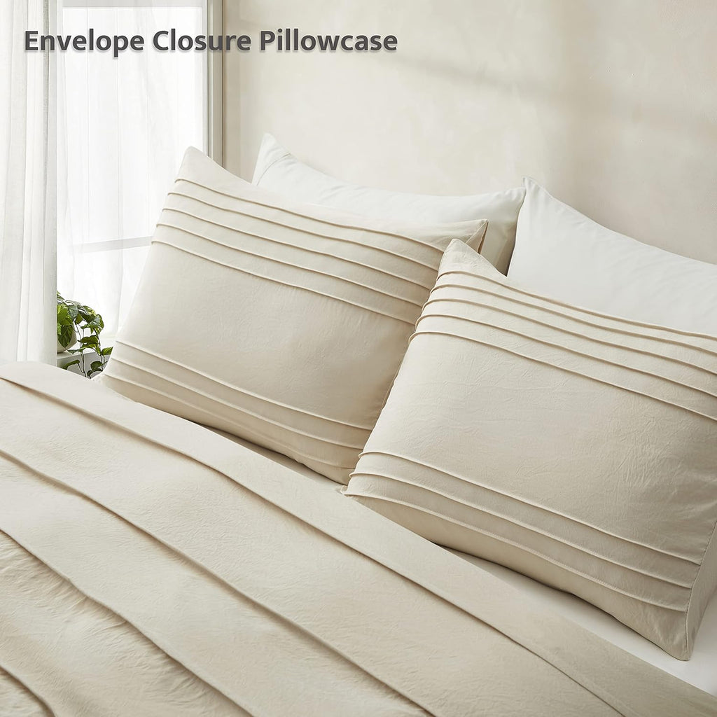 Beige Duvet Cover Queen - Pleated Queen Duvet Cover, 3PCS Soft and Breathable Textured Bedding Set with Zipper