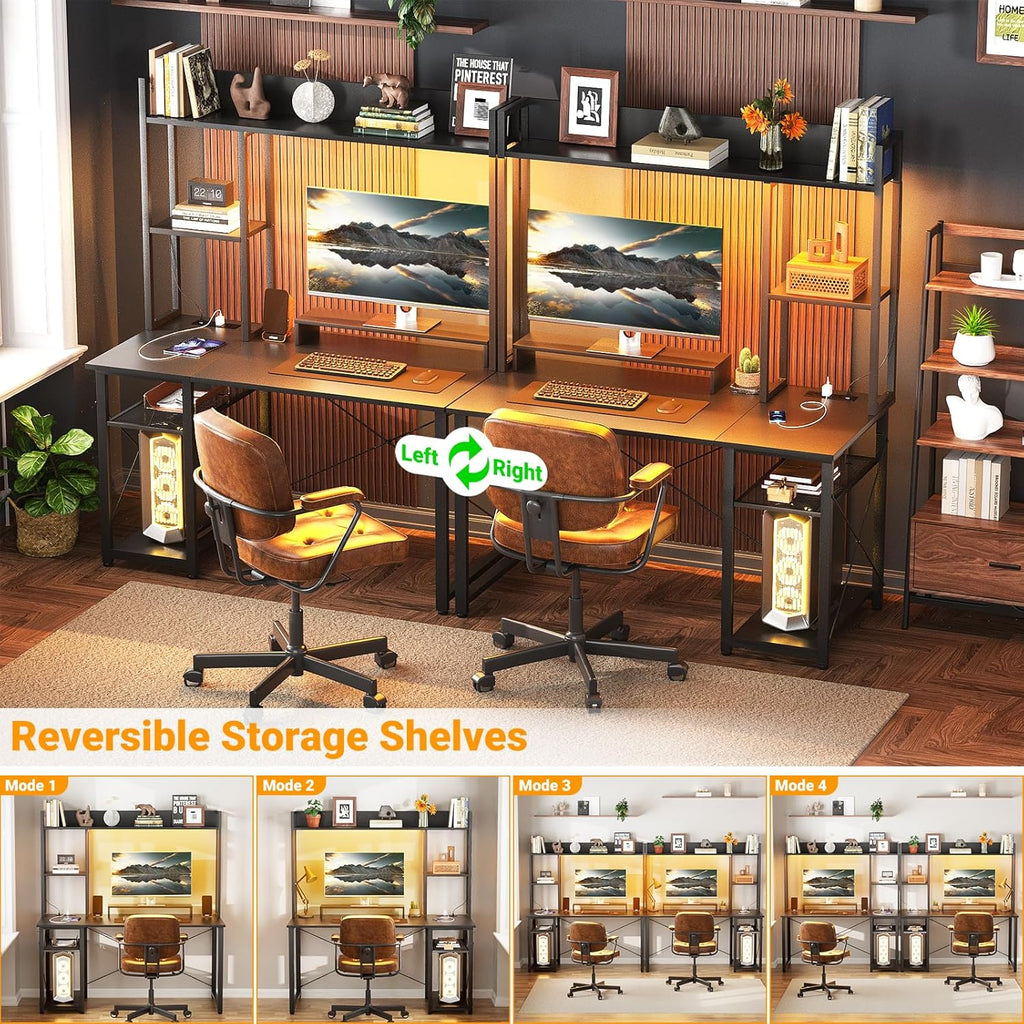 Gaming Desk with Hutch, 39'' Computer Desk with LED Lights & Power Outlets, Home Office Desk with Reversible 5 Tiers