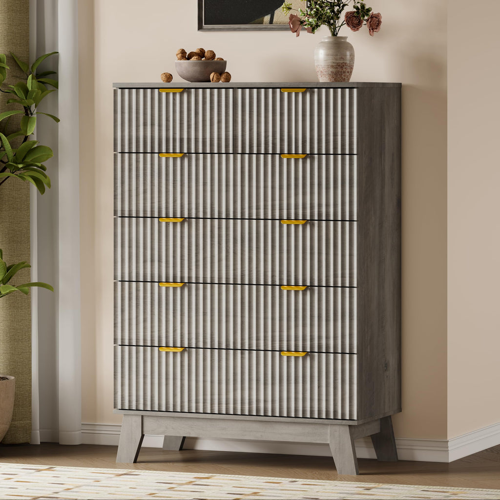 46" Tall, 6-Drawer Fluted Chest of Drawers, Modern Wood Highboy with Deep Storage, Metal Slides and Handles