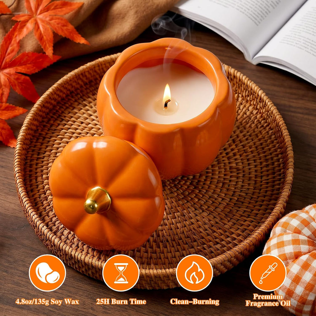 Fall Ceramic Pumpkin Candle Gift Set, Autumn Scented Candle, 14.4oz Soy Wax Pumpkin Jar Candles, Thanksgiving - Set of 3