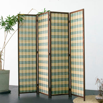 4 Panel Bamboo Room Divider, Blue Stripe Folding Privacy Screen