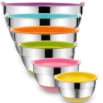 Mixing Bowls with Airtight Lids, 6 Piece Stainless Steel Metal Bowls, Measurement Marks & Colorful Non-Slip Bottoms