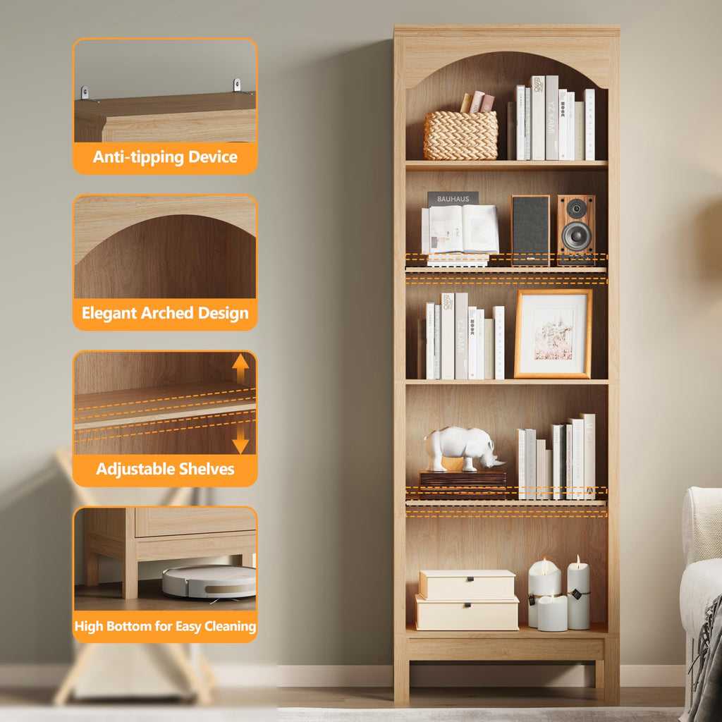 Arched Bookshelf, 5 Tier Tall Bookcase with Adjustable Shelves for Storage
