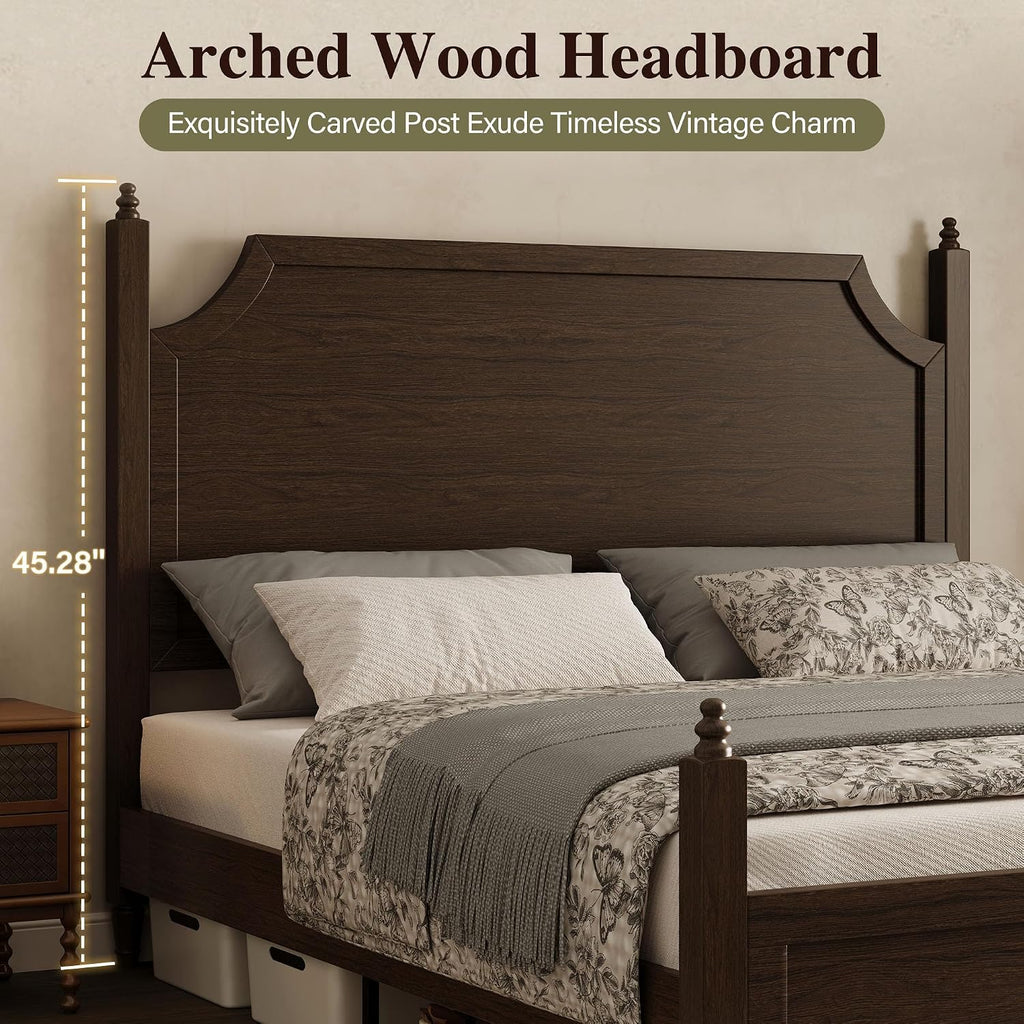 Classic Four-Poster King Bed Frame with Curved Headboard, Walnut Wood